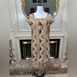 Calypso St. Barth 100% Linen‎ Embroidered Tassel Shift Dress Size M Tan Boho